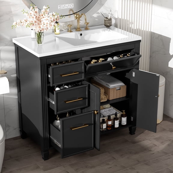 [Video] 36" Bathroom Vanity with Sink, Ceramic Sink, One Tip-out Drawer, 3 Side Drawers, Adjustable Shelf, Gray Black