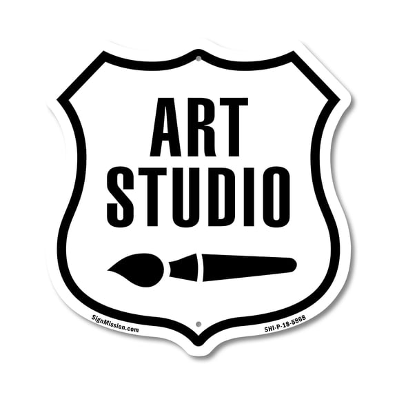 Art Studio 18 inch X 18 inch Shield Shaped Commercial Grade Plastic Sign Weather Resistant Made in the USA