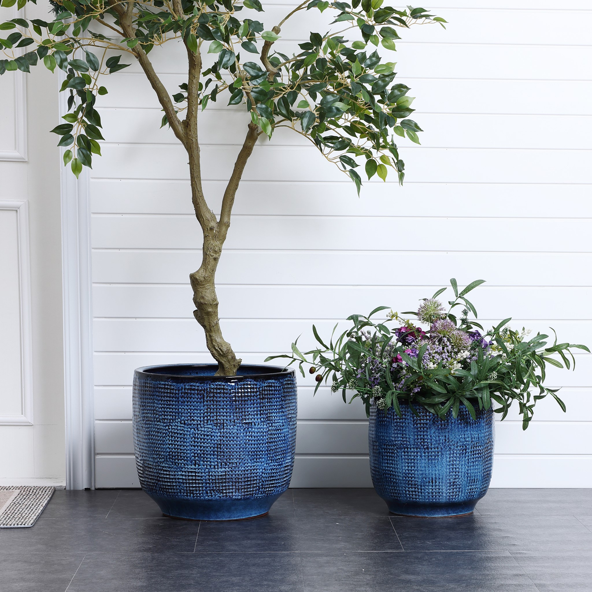 LuxenHome 12" Dia Large Ceramic Planter Pots for Plants, Teal Blue Glazed Round Planter with Drainage