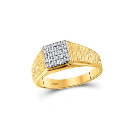 Gold Mens Cluster Ring - 10kt Yellow Gold Mens Round Diamond Square Cluster Brushed Ring 1/8 Cttw