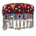 thumbnail image 2 of Duel On Jewel Turkish Kayi Tribal Women’s Headpiece Hat with Multicolor Floral Embroidery, Metal Beads, Dangling Chains & Medallion, 7″ Diameter, 2 of 7