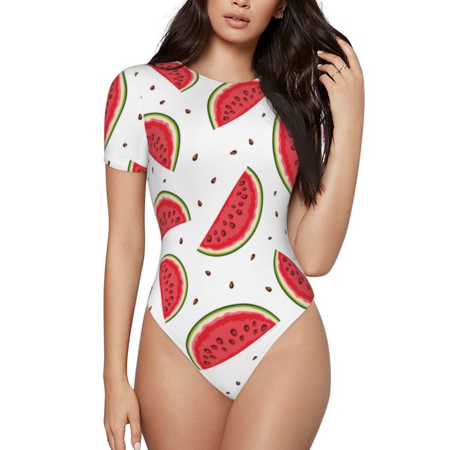 Balery Watermelon Body de cuello redondo de manga corta para mujer Tops de manga corta Tops básicos-X-Large