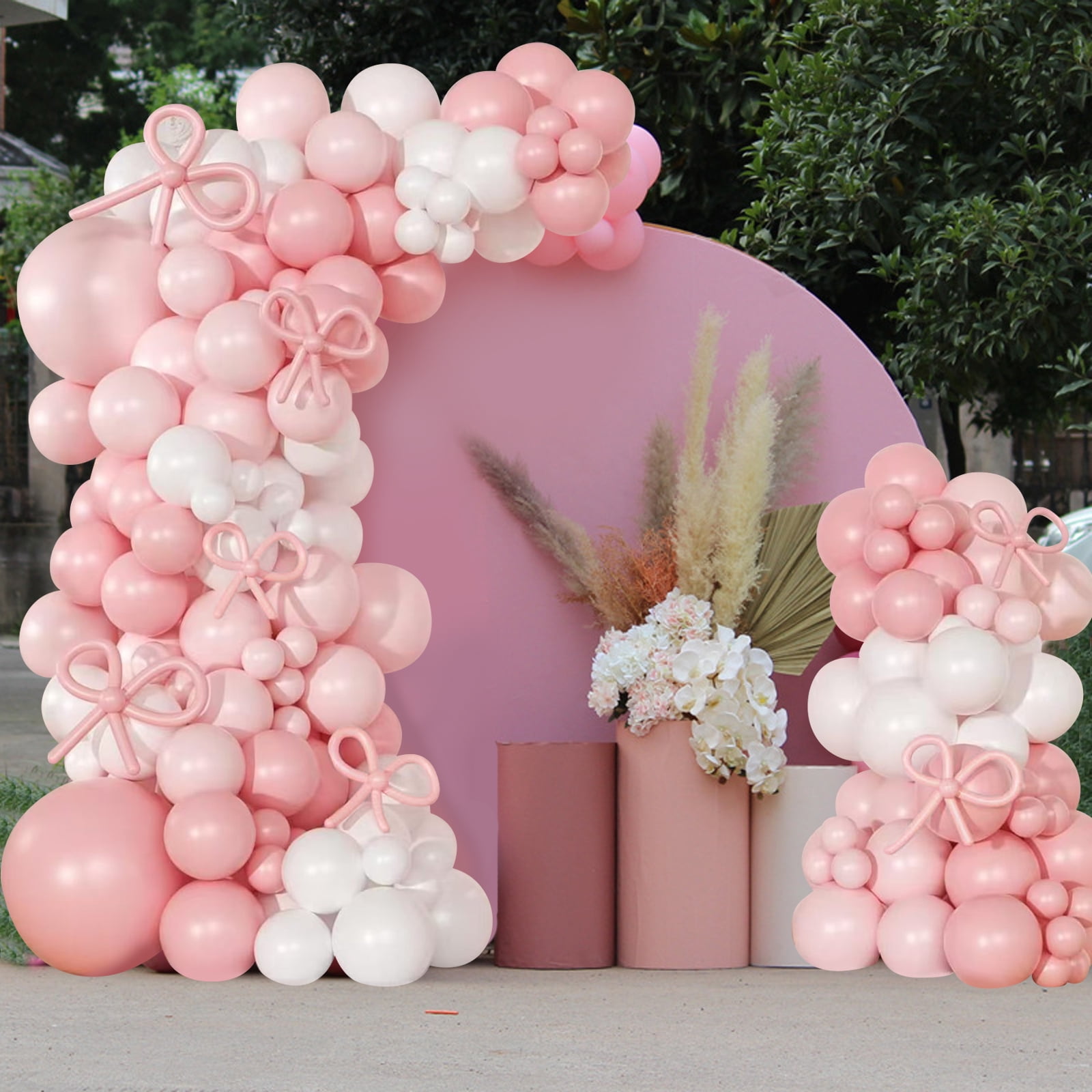 SKTMH 128Pcs Bow Balloon Garland Arch Kit Bow Party Supplies Coquette Birthday Decorations Pink White Balloon Garland Pink White Balloons for Wedding Women Girls Bachelorette Bow Party Decorations