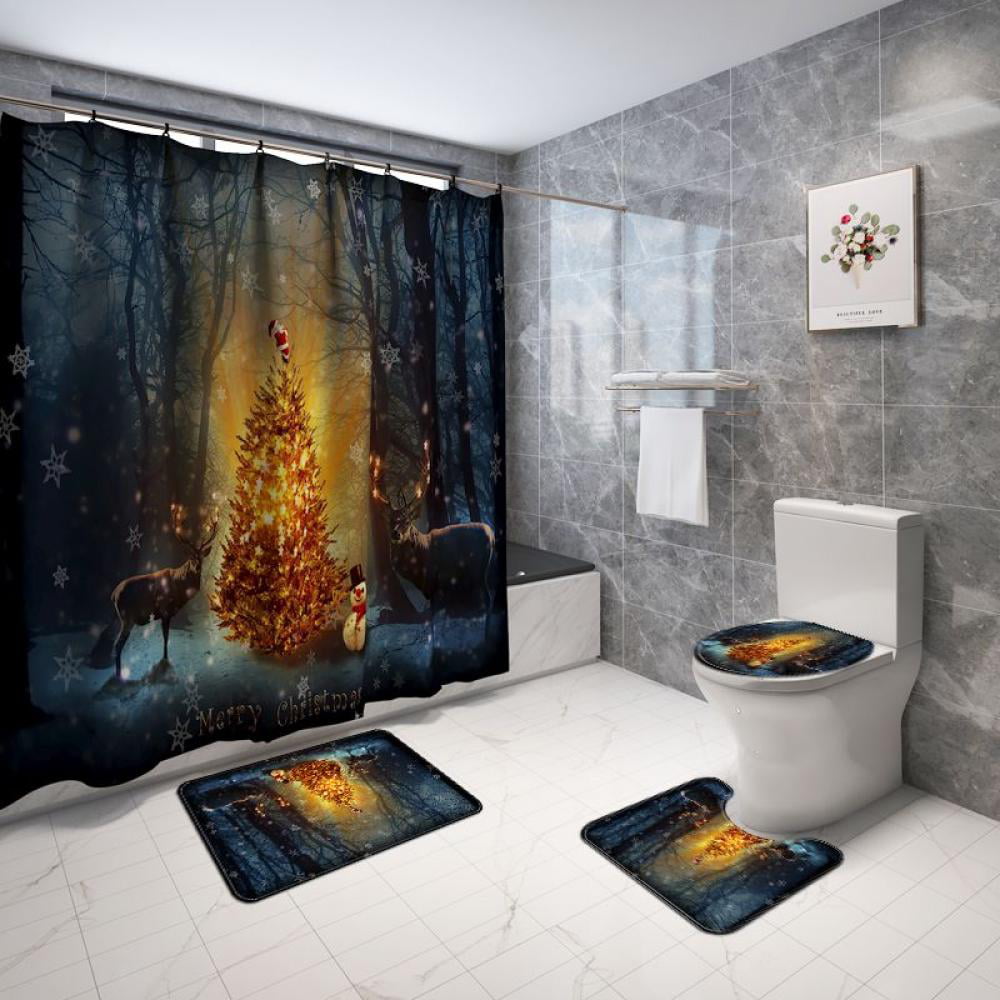 Details about   4PC Bathroom Shower Curtain Non-slip Bath Mat Pedestal Toilet Seat Cover Lid 