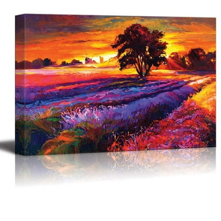 Lavender Canvas Canvas Prints Wall Art - Oil Painting of Lavender Fields on Canvas. Sunset Landscape- 16