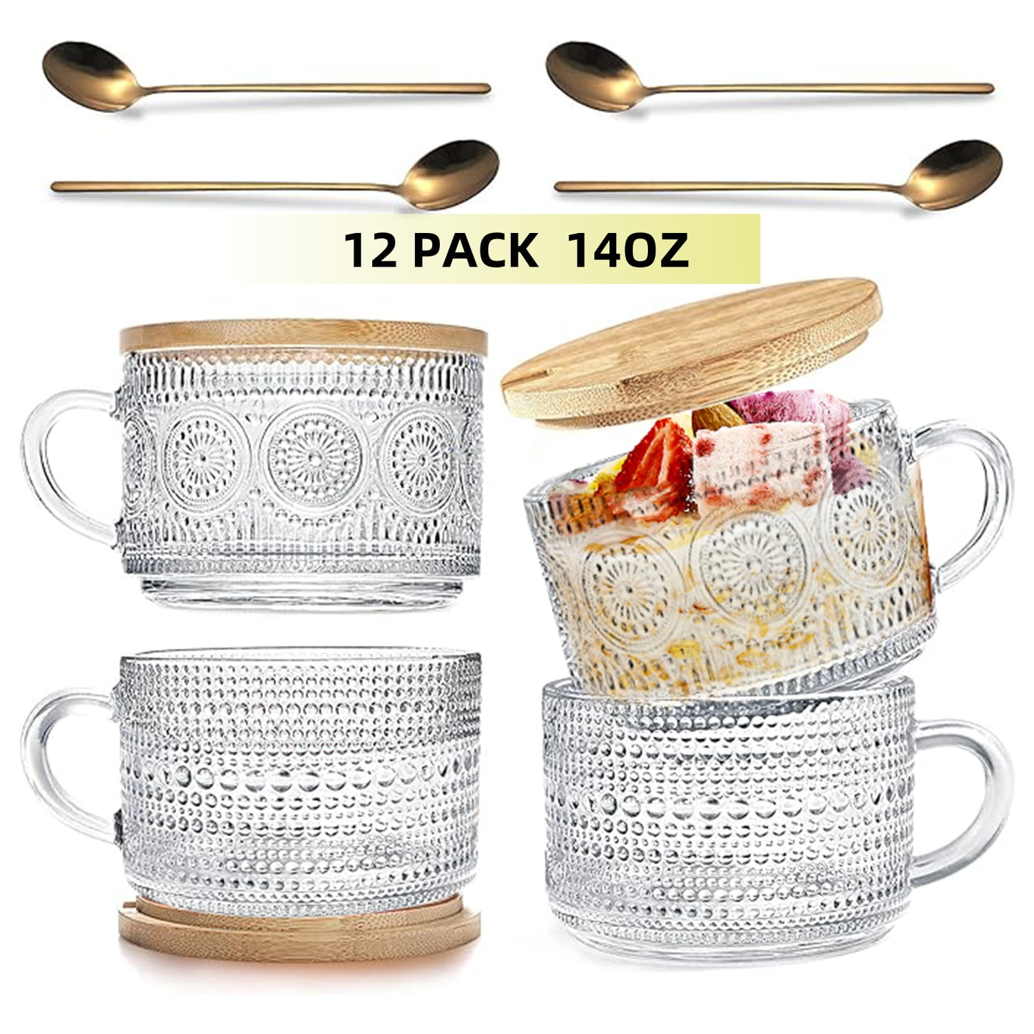 4PCS Vintage Glass Coffee Mugs with Bamboo Lids and Spoons,14oz Overnight Oats Containers Coffee Cups ,Double Glass Cups,Iced Coffee GlassesCoffee Bar Accessories,Clear