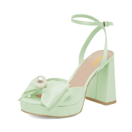 XYD Women Bowknot Platform Sandals with Pearl Open Toe Bridal Block High Heels Ankle Strap Wedding Prom Satin Shoes Size 5.6 Green