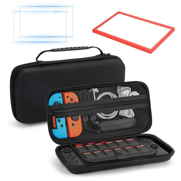 TSV Carrying Case Fit for Nintendo Switch 2 (2025) - 4 in 1 Accessories Bundle with 2 Screen Protectors, Alignment Frame, Hard Shell Portable Travel Pouch with 12 Game Cards, Black