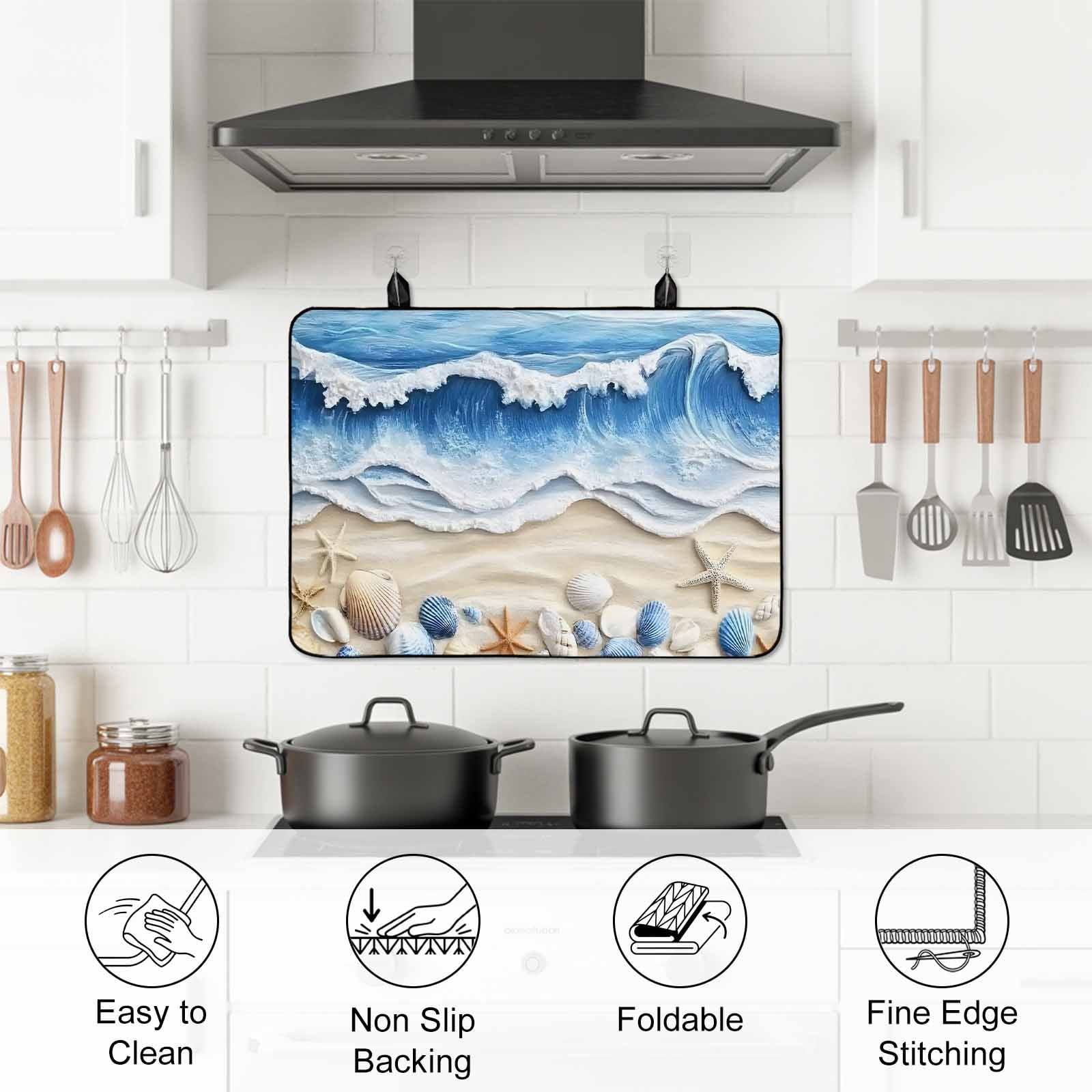 Coastal Blue Stove Top Cover for Electric Stove, Heat-proof & Non Slip Glass Top Stove Cover Protector, Starfish Beach Ocean Shell Sand Painting Kitchen Flat Cooktop Rubber Mat 24x21 Inches