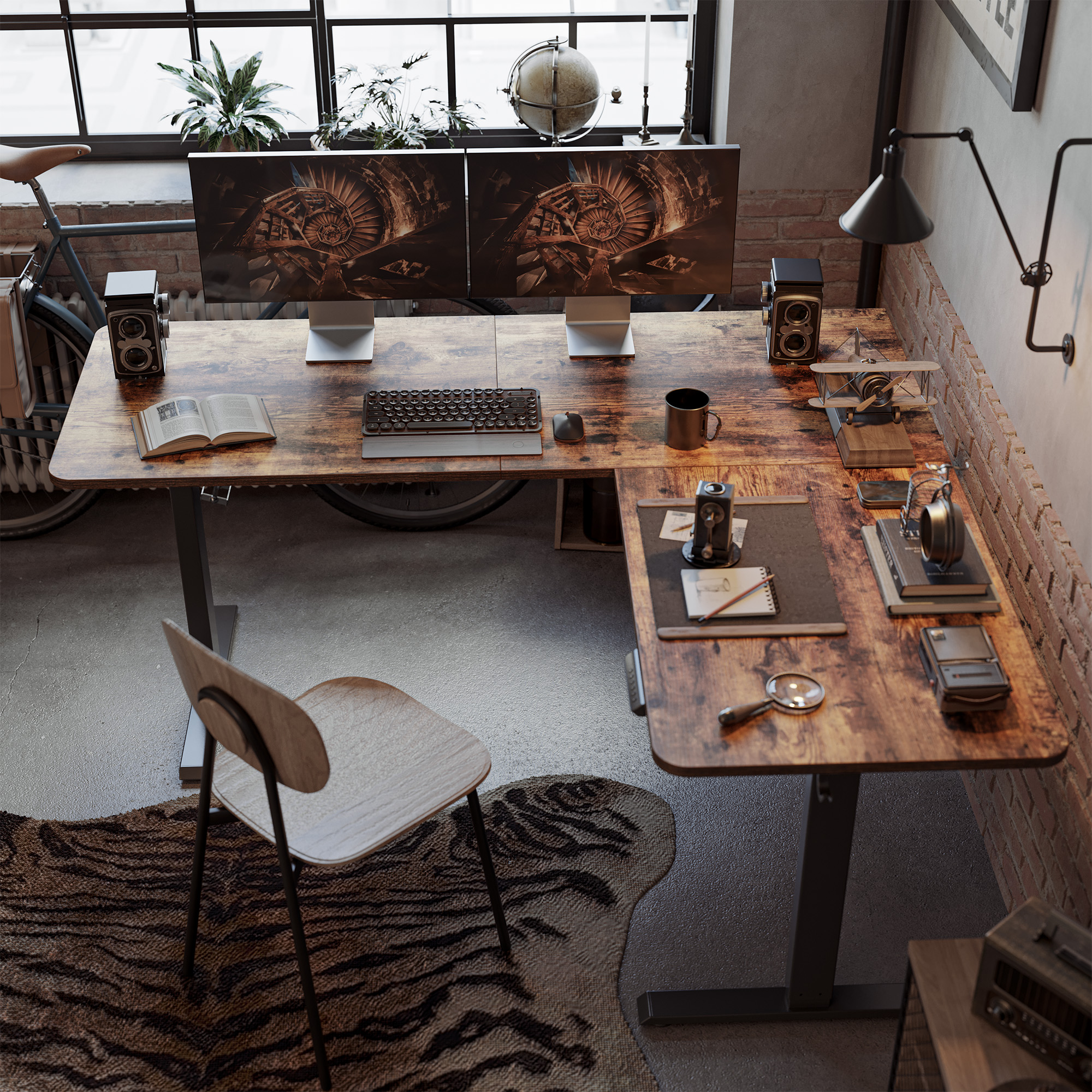 DESINO L-Shaped Standing Desk Adjustable Height, 63 Inch Electric Stand up Corner Computer Desk, Sit Stand Home Office Desk with Splice Board, Rustic Brown