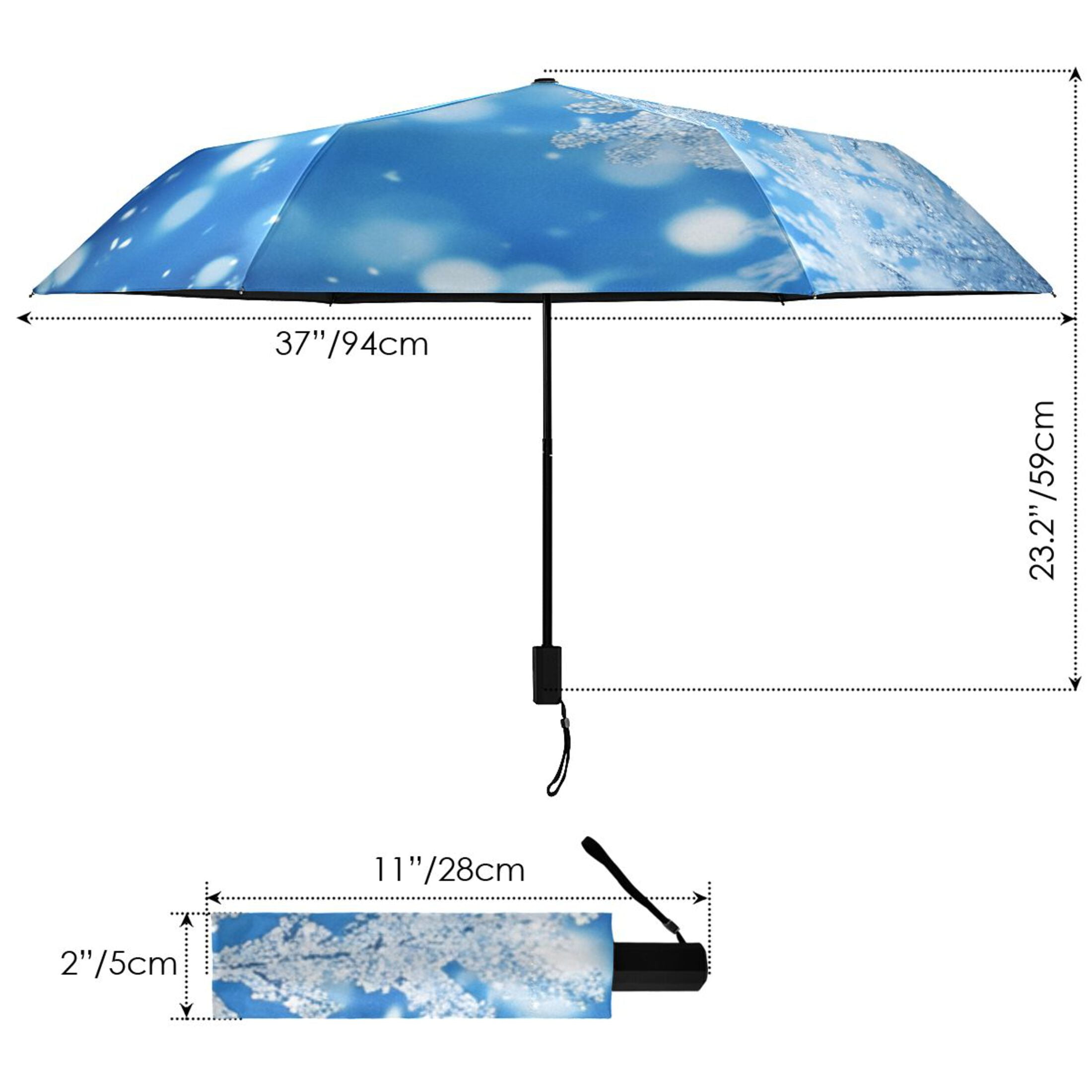 Blue Snowflakes All Weather Umbrella Triple Folding Parasol 6 Ribs UV Protection Portable