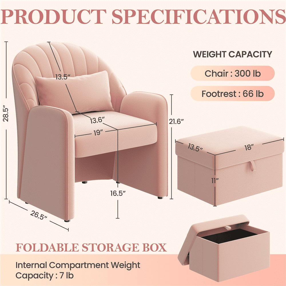 Renwick Upholstered Velvet Barrel Accent Chair with Footrest, Pink