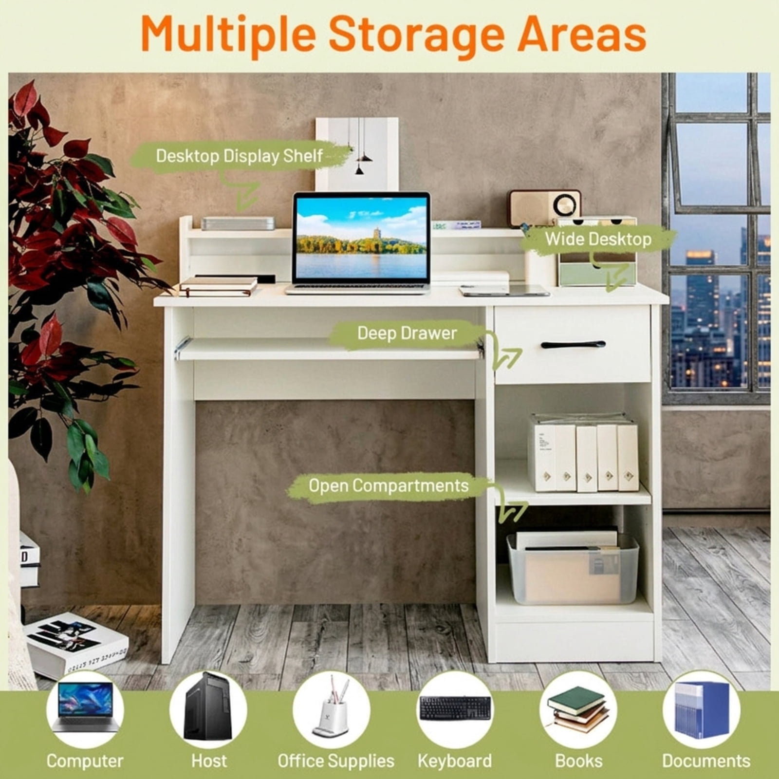 Furnibear Study Laptop Table Computer Desk with Drawer Keyboard Tray and Adjustable Shelf for Home Office Bedroom Study, White