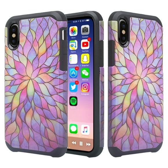 IPhone X Case, iPhone X Hybrid Dual Layer Silicone Protective Case Cover for iPhone X Rainbow Flower