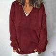 thumbnail image 2 of Womens Oversized V Neck Sweater Long Sleeve Cable Knit Tops Casual Loose Solid Color Pullover Sweatshirts (Wine XL), 2 of 5