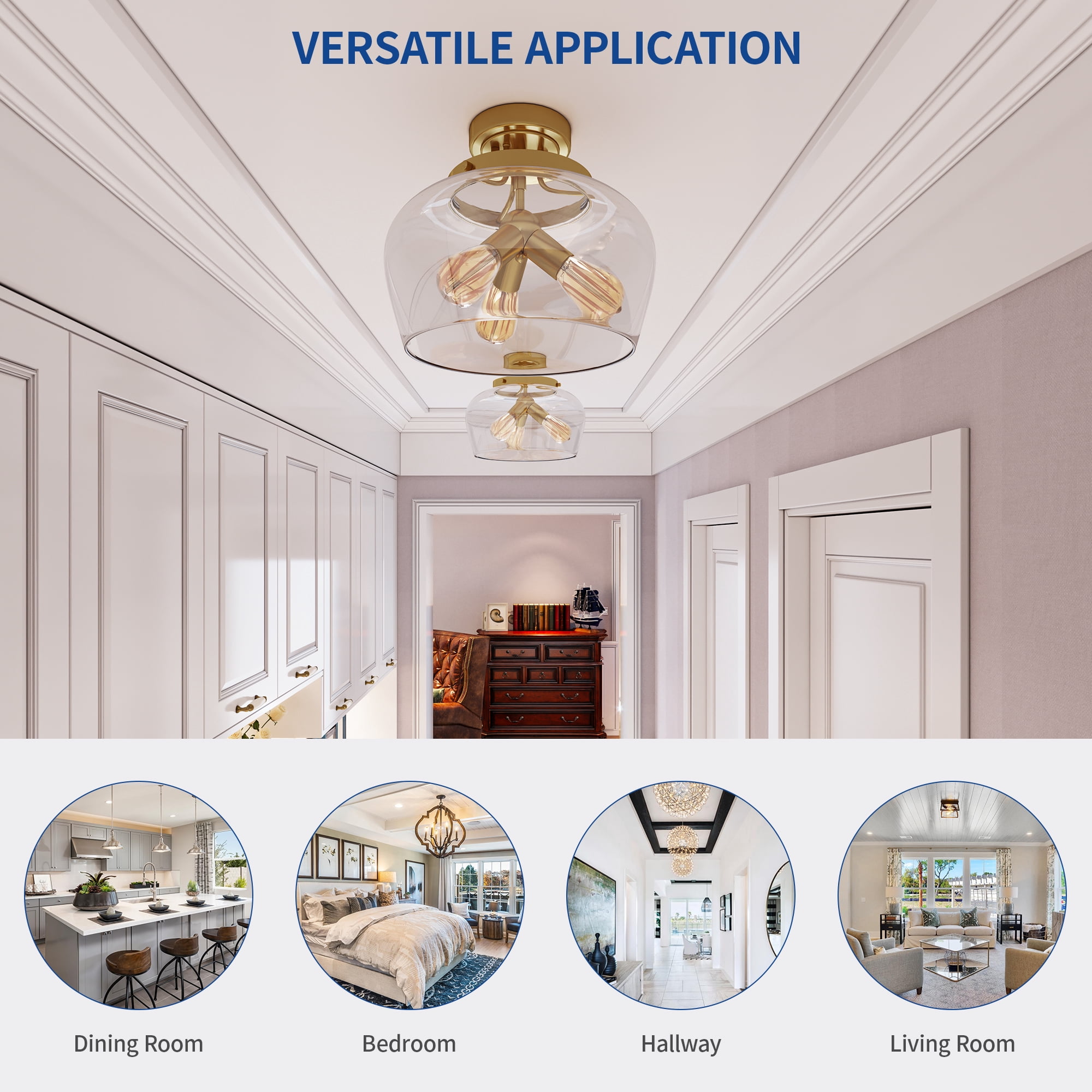 Uforic Semi Flush Mount Ceiling Light, Farmhouse Ceiling light with Clear Glass Shade, Modern Ceiling Light for Closet Dining Room Kitchen Hallway, Gold