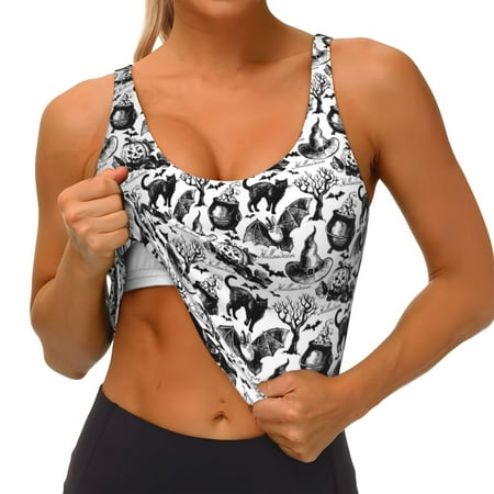 Qokaie Black White Halloween Pattern Womens Scoop Neck Sports Bra Breathable Workout Vest Padded U Back Medium Impact Fitness Gym Yoga Bra Workout Crop Top