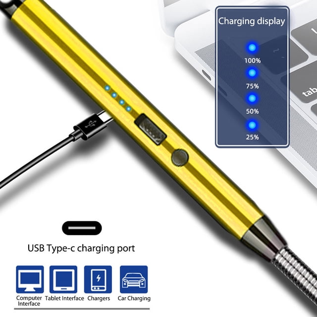 batería de cocina encendedor eléctrico a prueba de viento para barbacoaencendido por plasma usb para estufa de gas (dorado) Encendedor dorado de 260 mm con cuerpo de aluminio y aleación de zinc, vista frontal 3/4 con botón de encendido, cuatro LEDs de carga, puerto USB tipo C, cuello flexible trenzado; en blíster e incluye cable USB. A menudo usado también para encender velas y pequeñas parrillas.