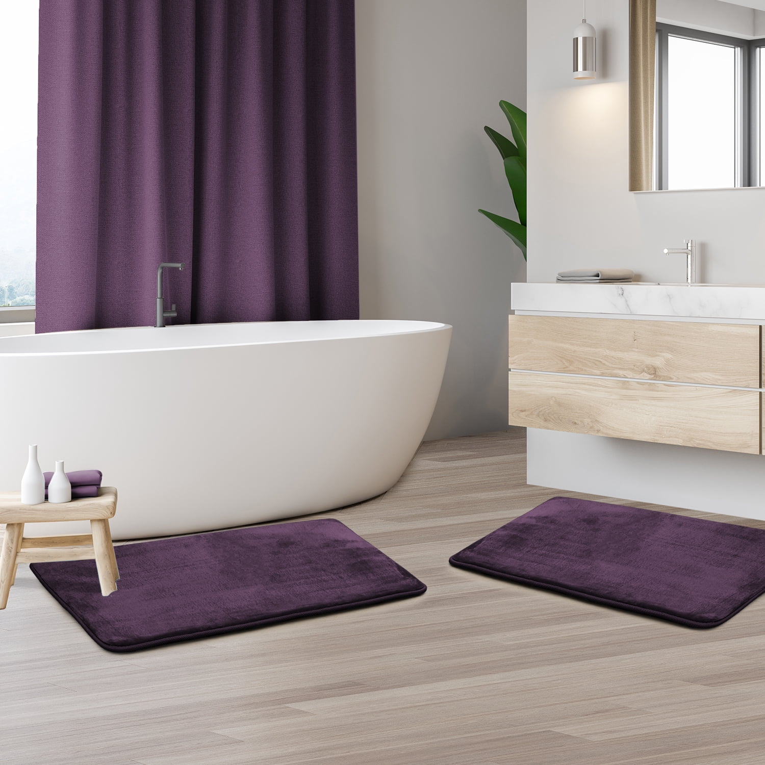 Clara Clark Solid Print Purple Memory Foam Bath Rugs, 17x24", Non-Slip Backing (2 Count)