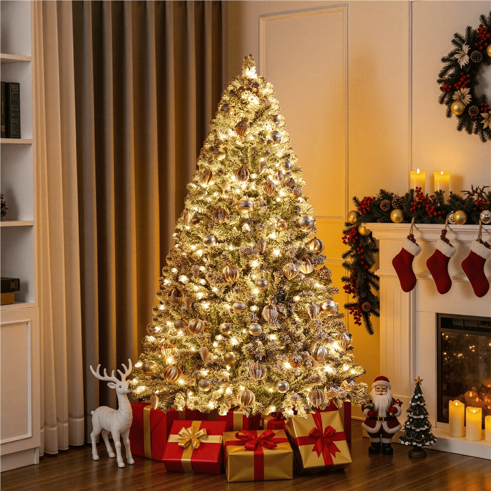 Alden Design 6Ft Pre-lit Flocked Artificial Christmas Tree with Foldable Stand, Green