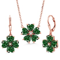 Gem Stone King 18K Rose Gold Plated Silver Green Nano Emerald and White Lab Grown Diamond Pendant Necklace Earrings Jewelry Set for Women (9.15 Cttw, Heart Shape 6MM, with 18 inch Chain)