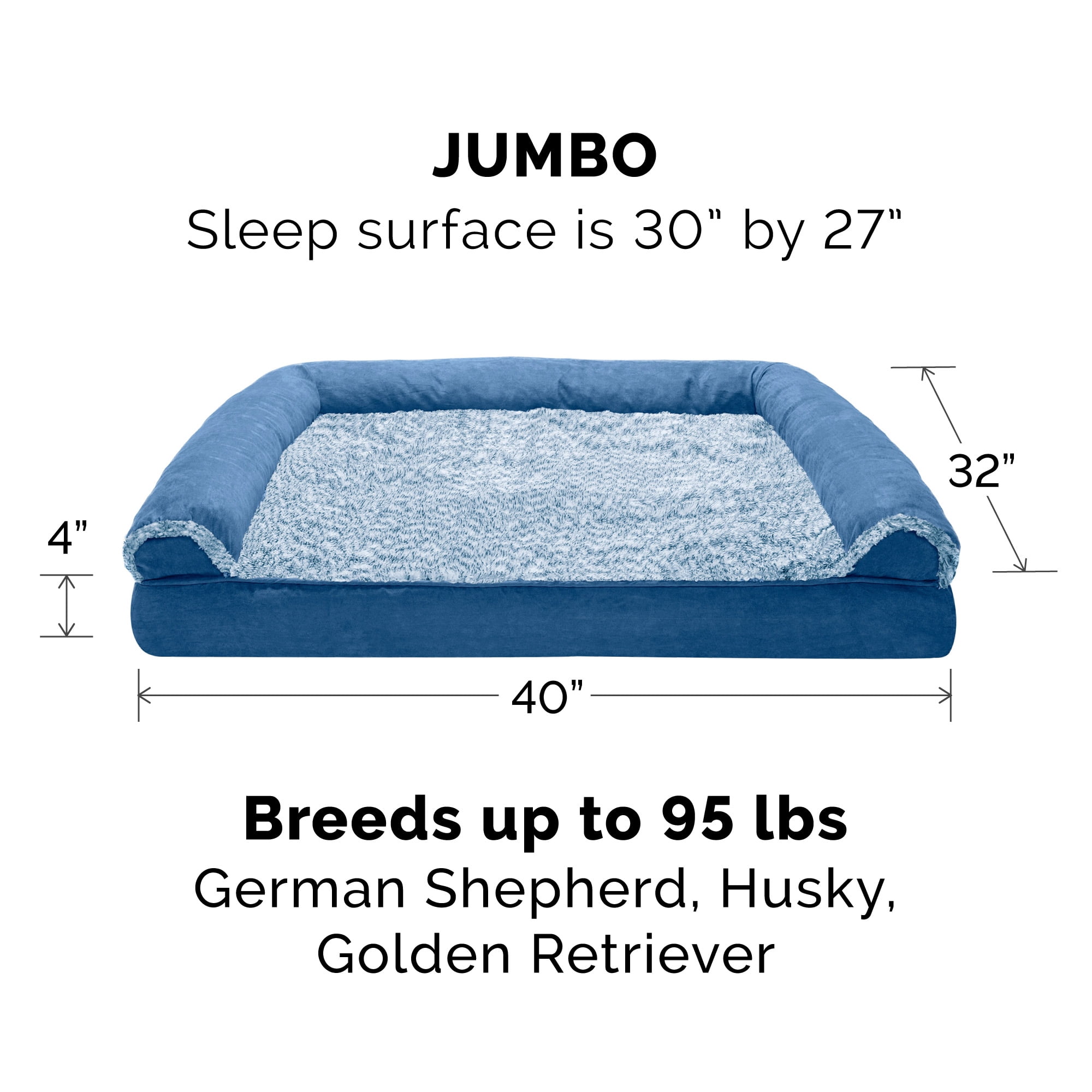 FurHaven Two-Tone Faux Fur & Suede Orthopedic Sofa Pet Bed for Dogs & Cats - Jumbo, Marine Blue