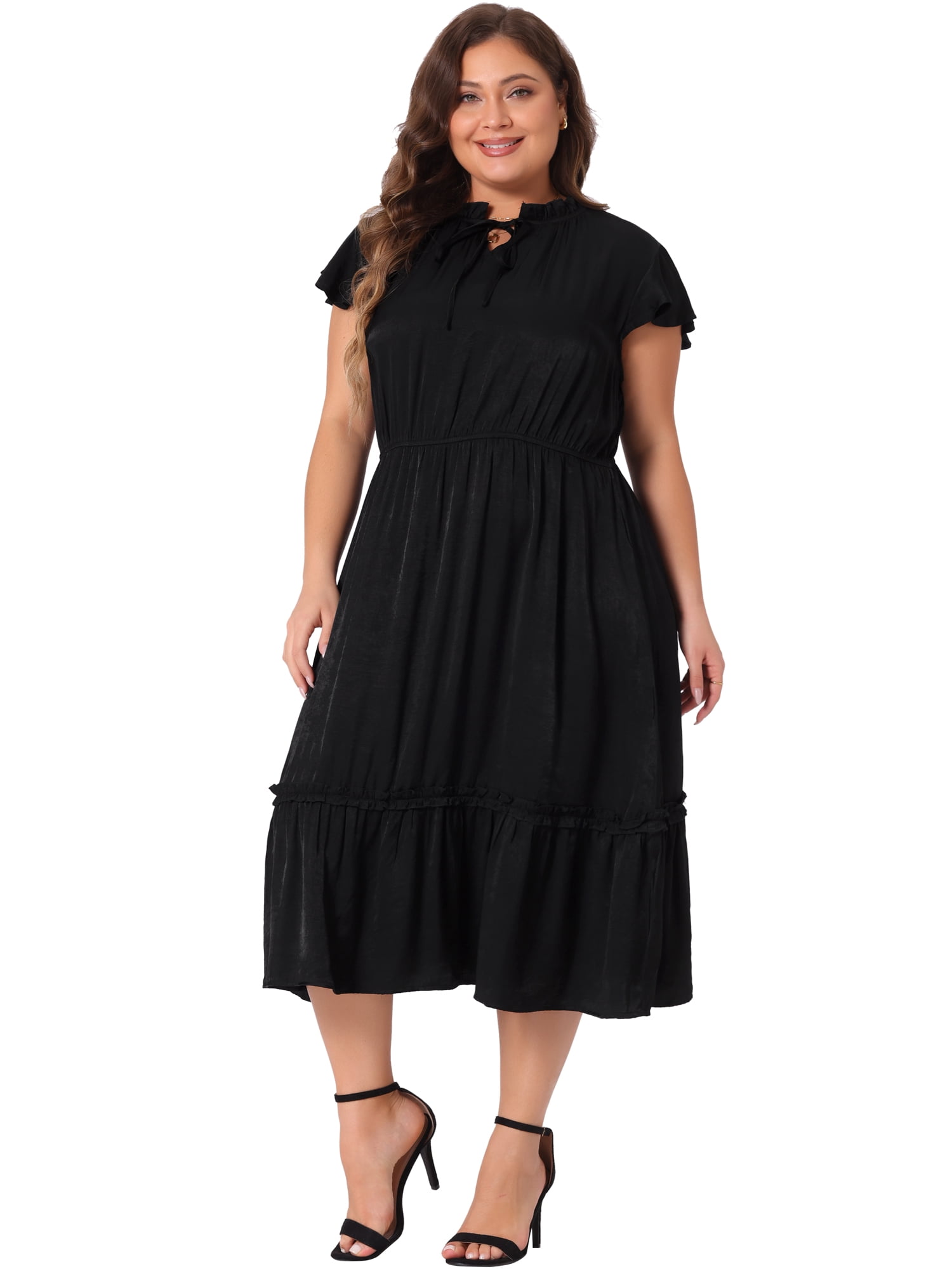 DARING DIVA Plus Size Bow Tie Neck Ruffle Cap Sleeve A Line Midi Dress 1X Black