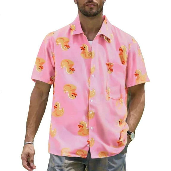 MADHERO Men's Hawaiian Shirts Casual Funny Print Short Sleeve Lapel Beach Shirts Pink Duck Size 2xl