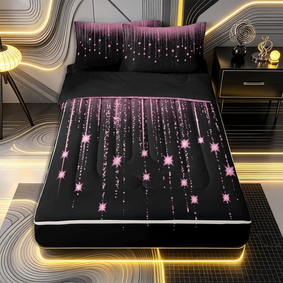 Erosebridal Sparkling Star Zipper Twin Comforter Sets with Fitted Sheet and 2 Pillowcases,Glitter Curtain Print Zipper Bedding Set,Pink Black,Black Reversible