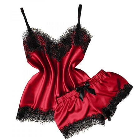 

Summer Savings Clearance! PEZHADA Sexy Lingerie for Women Women V-Neck Eyelash Lace Sexy Stain Camisole Pajamas Bowknot Shorts Set Red XXL