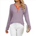 thumbnail image 2 of Camisetas de Larga A Rayas para Mujer, Informales, con Cuello en V, Bloques de Color, Corte Holgado, Básicas. Rosa y L, 2 of 10