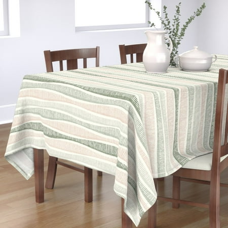 

Cotton Sateen Tablecloth 70 Square - Coastal Stripe Minimal Sage Green Blush Pink Modern Print Custom Table Linens by Spoonflower