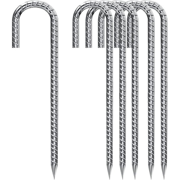Rebar Stakes 12 Inch Galvanized, J Hook Rebar Stakes 6 Pack Ground Anchors for Tent Heavy Duty for Plants Anti-Rust Landscape Fabric Artificial Turf