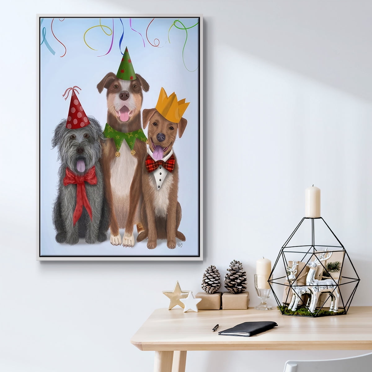 Christmas Party Mutts - Framed Gallery Wrapped Holiday Canvas - 27 x 41 - White Frame