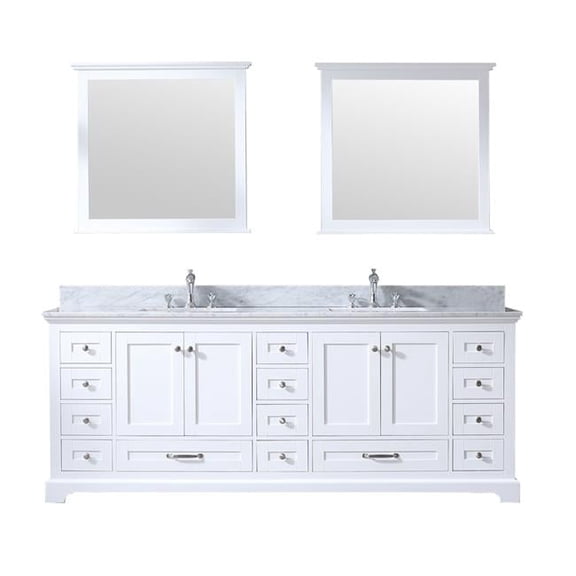 84 x 34 in. Dukes Double Vanity Set with Carrera Marble Top Ceramic Square Undermount Sinks & Mirrors - White with White