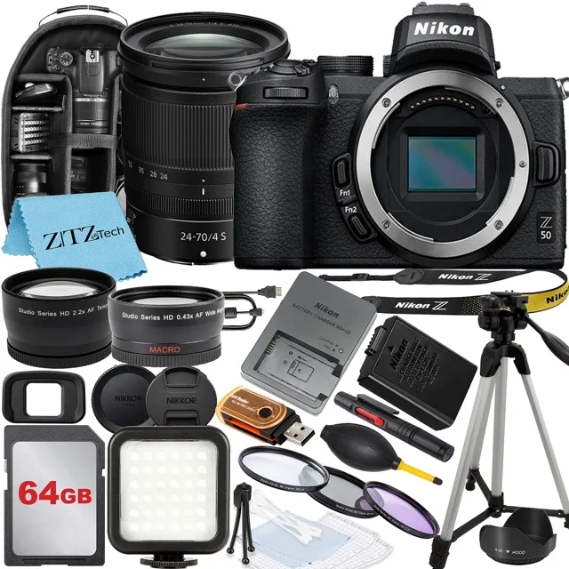 Nikon Z50 Mirrorless Camera with NIKKOR Z 24-70mm f/4 S Lens, 64GB Memory Card, Backpack, Flash, Tripod and ZeeTech Accessory Bundle