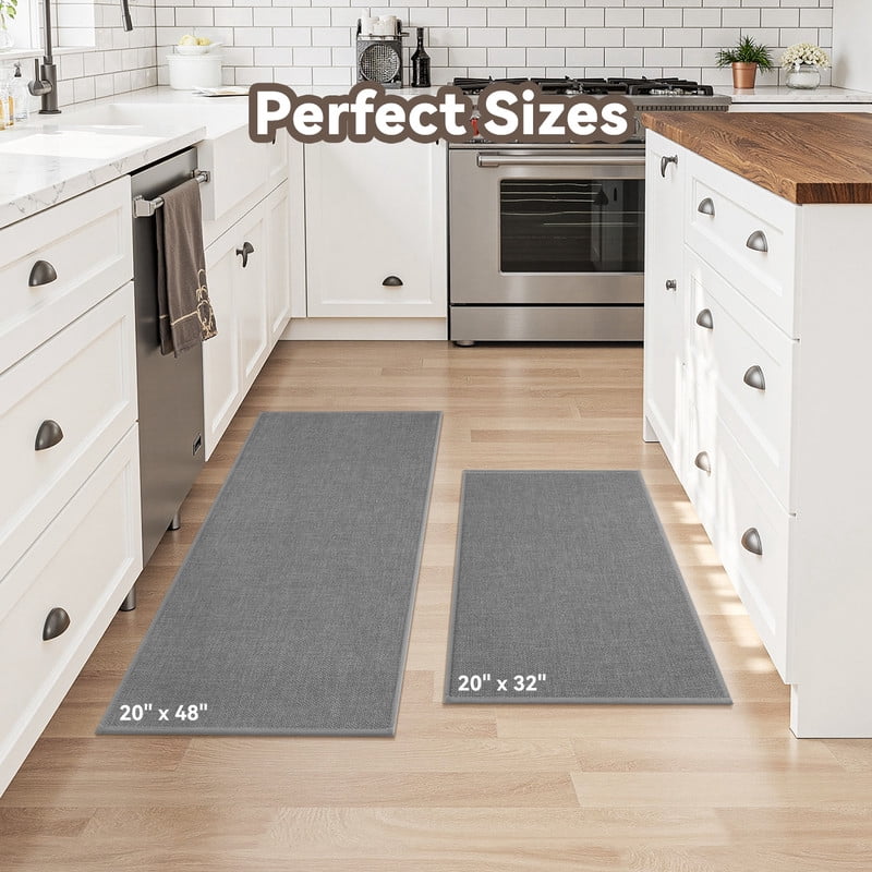 SIXHOME Washable Kitchen Rug, Absorbent Non-Slip Woven Floor Mat, 2 PCS Set 20"x32"+20"x48", Gray, Small Rugs for Sink, Laundry, Hallway, Bathroom