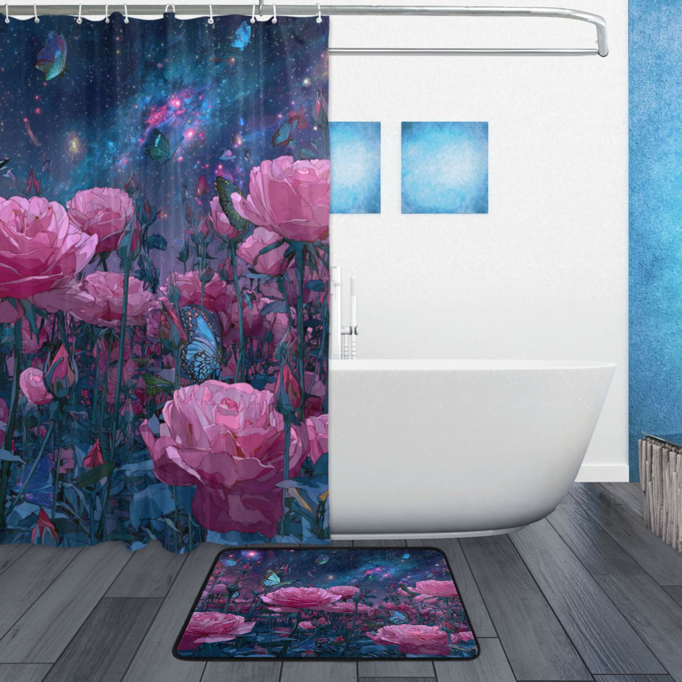 Wobogo Pink Roses Bathroom Shower Curtain Set with Floor Mat and Hooks Ultra Waterproof Visible Slider Beads