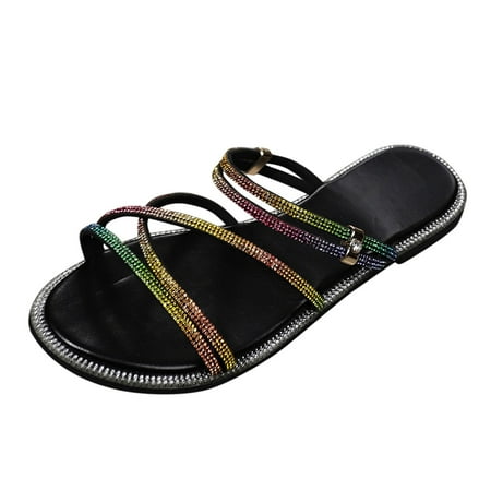 

Krdevn Women s Summer Fashion Open Toe Flat Bottom Sticky Diamonds Breathable Sandals Tow Casual Comfort Beach Slippers Yellow 8.5