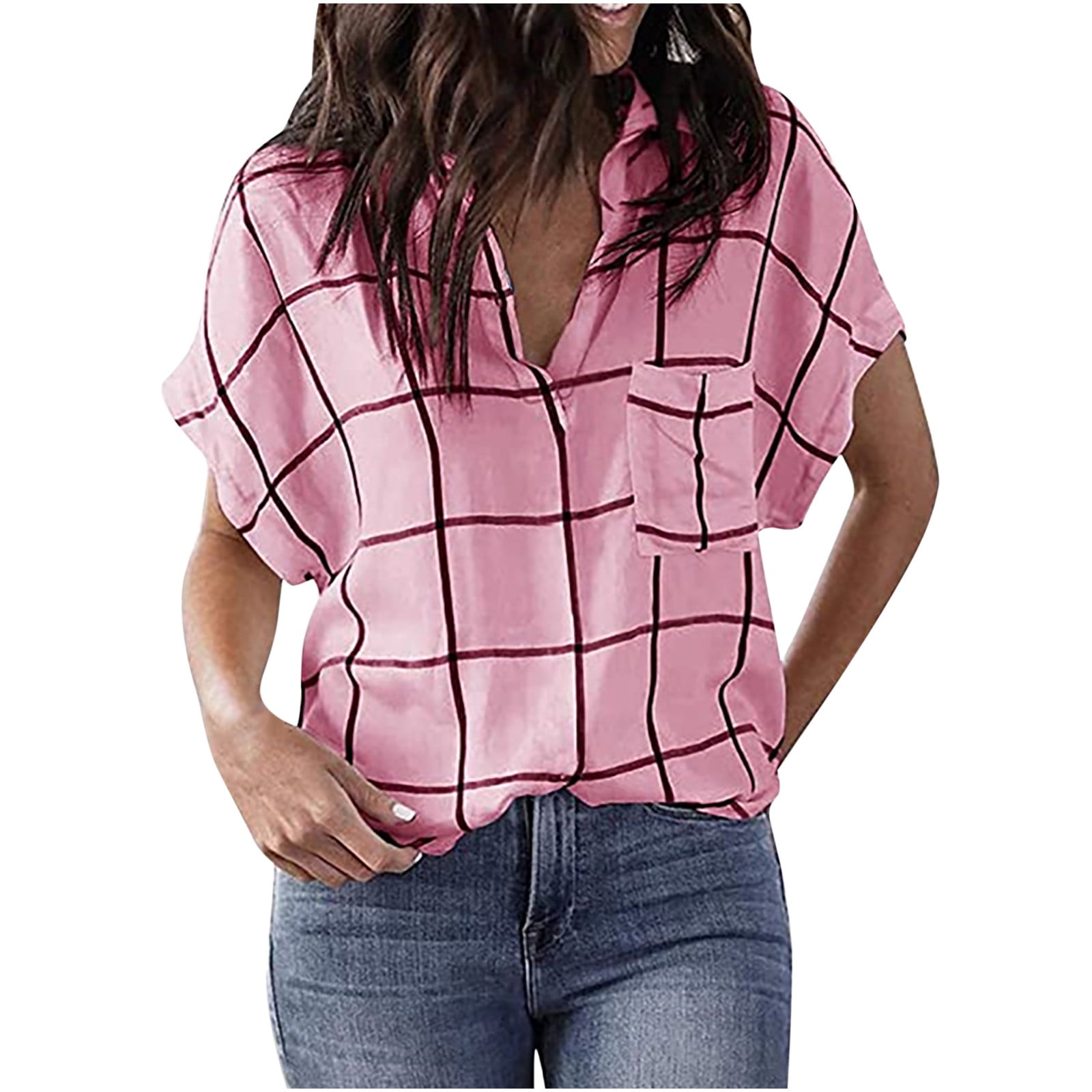 PVCS Womens Fashion V-neck Plaid Pocket Printing Short Sleeve Shirt
