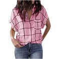 thumbnail image 1 of PVCS Womens Fashion V-neck Plaid Pocket Printing Short Sleeve Shirt, 1 of 5