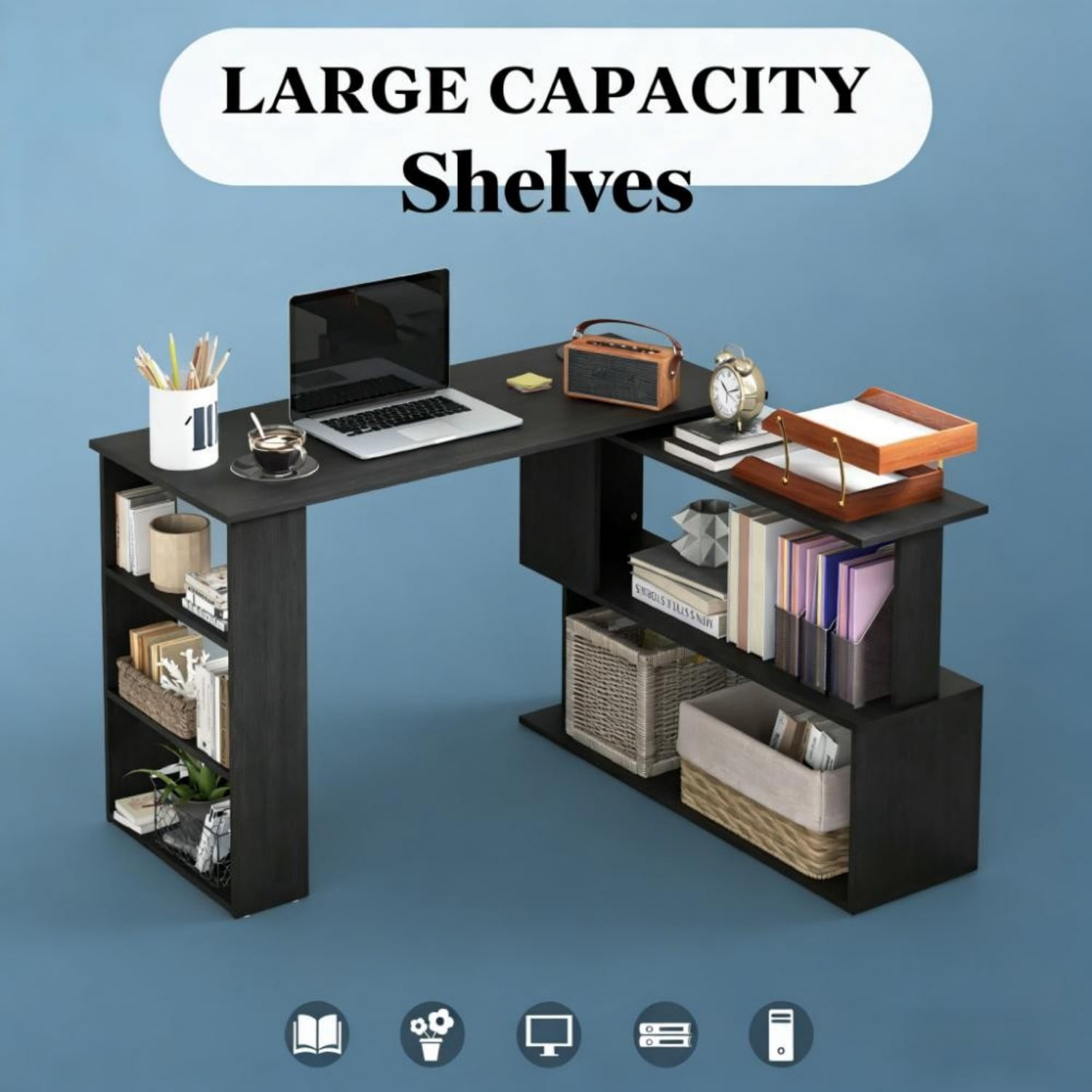360° Rotating L Shaped Computer Desk, Corner Writing Table with Shelves Storage for Home Office Bedroom Study Gaming Workstation, Black
