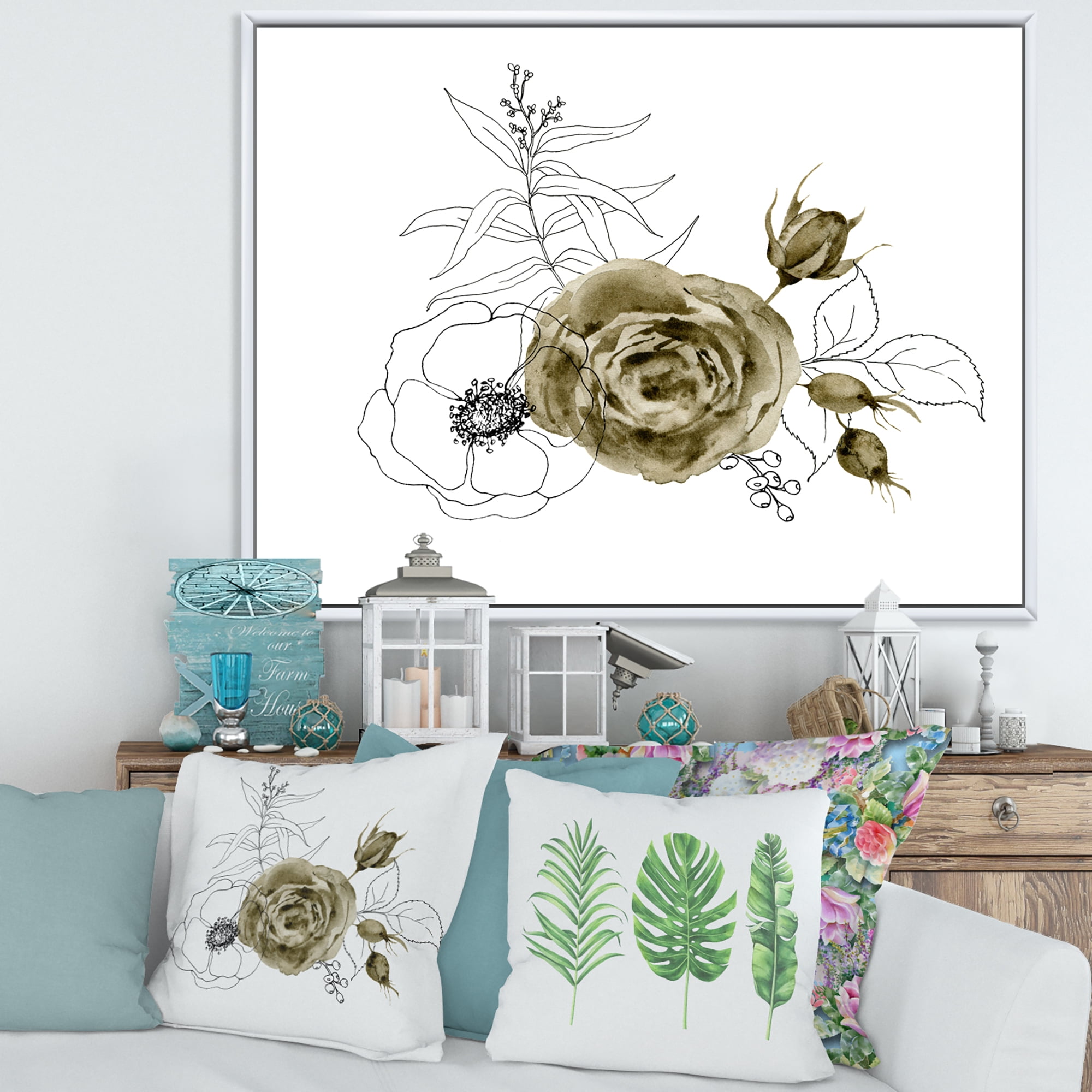 Designart 'Eucalyptus Branches With Anemone Bouquet Flower I' Traditional Framed Canvas Wall Art Print