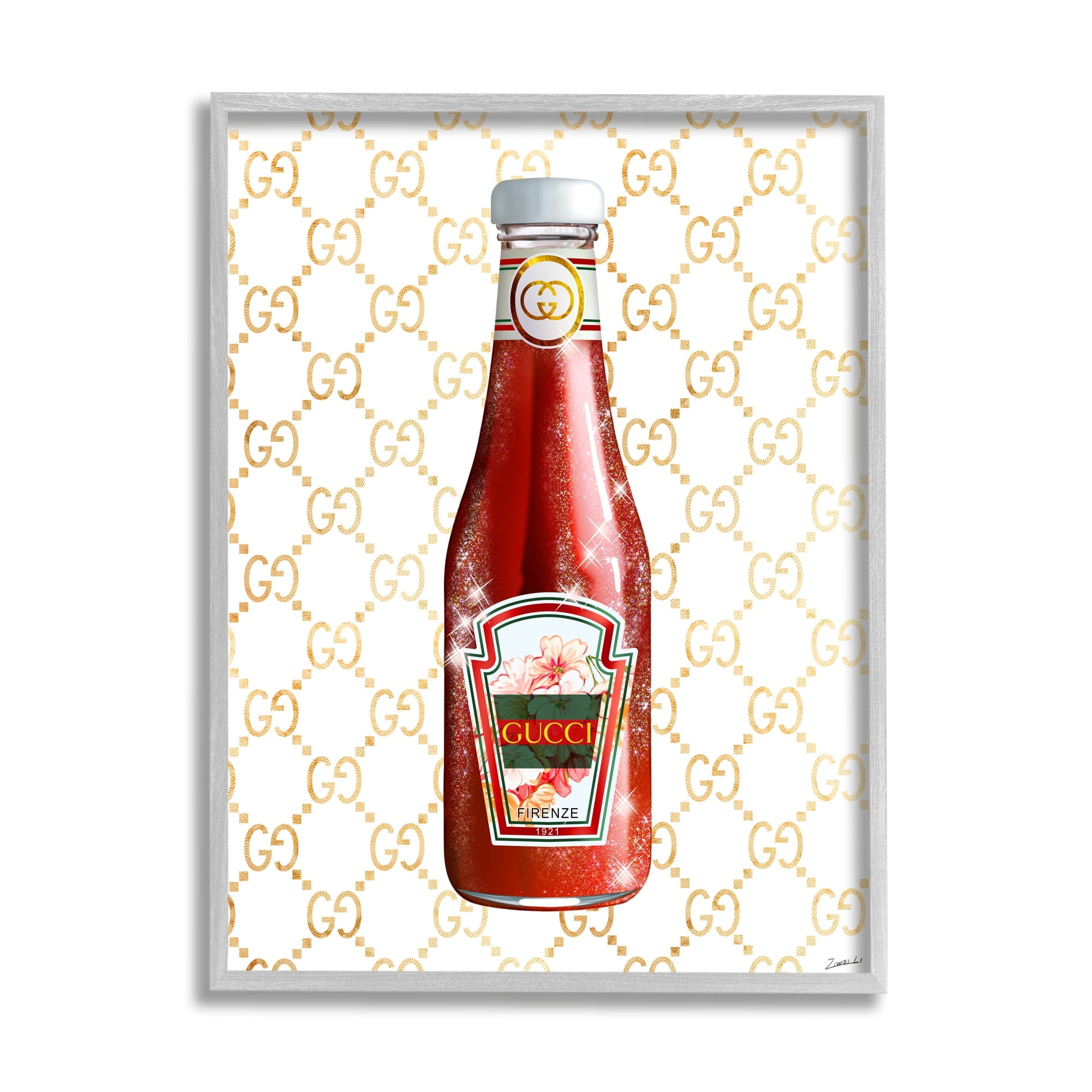 Stupell Industries Glam Kitchen Ketchup Bottle Patterned Condiment Motif Graphic Art Gray Framed Art Print Wall Art, Design by Ziwei Li