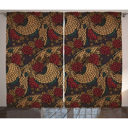 Asian Curtains 2 Panels Set Traditional Ancient Design Roses And