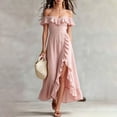 thumbnail image 2 of UDAUDU Off The Shoulder Dress for Women 2026 Bridesmaid Dresses Spring Summer Wedding Guest Gowns Ruffle Neck Prom Dress with Slit Pink 2XL, 2 of 8