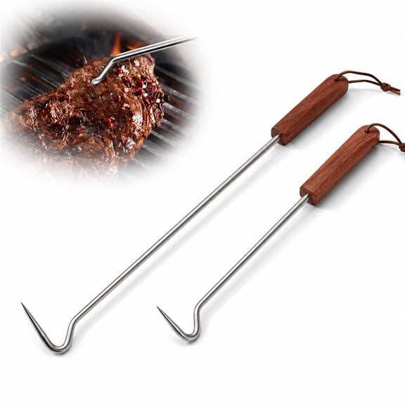 NOGIS 2Pcs Food Flipper Turner Hooks Stainless Steel BBQ Meat Hooks Steak Flipper Hook with Wooden Handle  for Grilling & Smoking, Flipping Rib, Steak, Chicken (17.5 in 12.5 in)