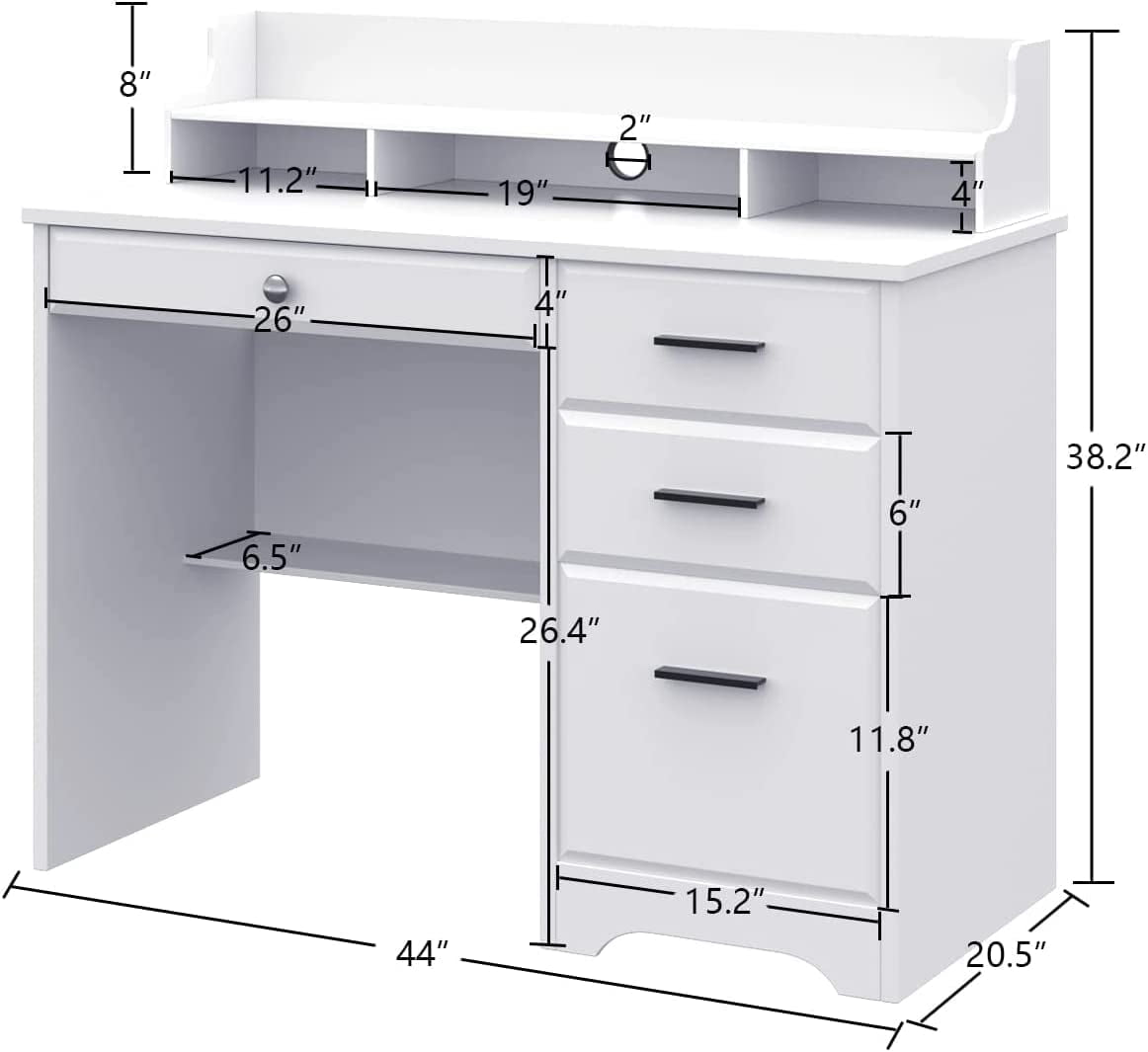 Catrimown Computer Desk with Drawers, White Desk with Storage, Home Office Desk with Monitor Stand, Student Writing Desk, White