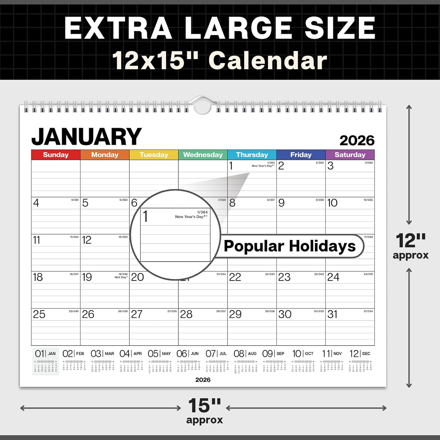 12x15 Wall Calendar 2026 (Colorful), Use Jan to Dec 2026, Large Lined 12 x 15 Monthly Calendar, Professional Styling for Home or Office, Premium Paper