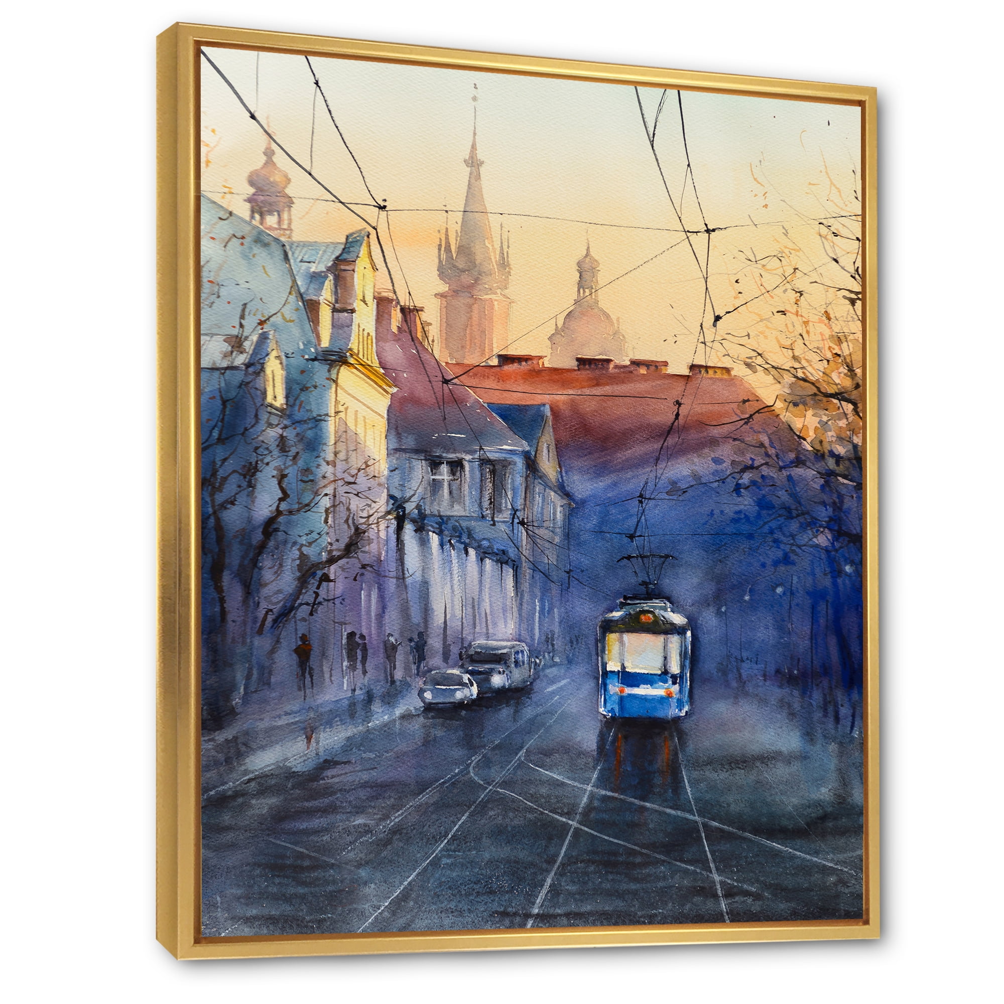 Designart 'Blue Tram At Sunset With Church During Sunset Cityscape' Nautical & Coastal Framed Canvas Wall Art Print